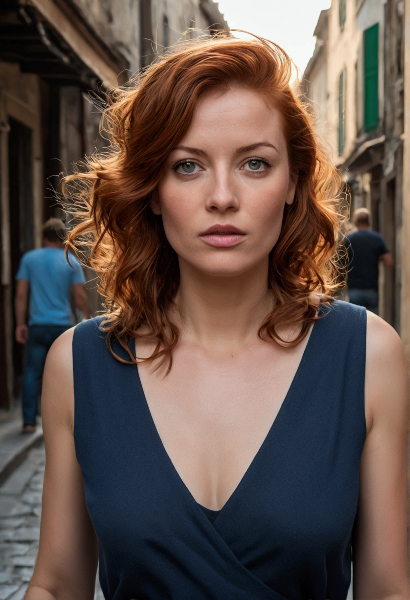 Belle femme rousse, 30 ans. (Plan général), (marcher dans une rue déserte), (marche), cheveux courts, peau détaillée avec des taches, abdomen, la photographie réaliste, la photographie, (taille parfaite), premier travail, réaliste, le réalisme, le rendu, contraste élevé, tendance de la photographie réaliste d'art numérique dans Artstation 8k HD réaliste haute définition détaillée, détaillé, Texture de la peau, hiper détaillé, textura de pele réaliste, (arrière-plan, dans une ville historique, Ville antique), meilleure qualité, ultra haute résolution, (la photographierréaliste: 1.4),, haute résolution, détaillé, la photographie crua, POINTU, par Lee Jeffries Nikon D850 Film Stock Photography 4 Appareil photo Kodak Portra 400 F1.6 lentilles couleurs riches texture hyper réaliste tendance d'éclairage dramatique Unrealengine sur ArtStation Cinestill 800,