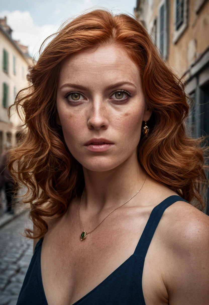 Belle femme rousse, 30 ans. (Plan général), (marcher dans une rue déserte), (marche), cheveux courts, peau détaillée avec des taches, abdomen, la photographie réaliste, la photographie, (taille parfaite), premier travail, réaliste, le réalisme, le rendu, contraste élevé, tendance de la photographie réaliste d&#39;art numérique dans Artstation 8k HD réaliste haute définition détaillée, détaillé, Texture de la peau, hiper détaillé, textura de pele réaliste, (arrière-plan, dans une ville historique, Ville antique), meilleure qualité, ultra haute résolution, (la photographierréaliste: 1.4),, haute résolution, détaillé, la photographie crua, POINTU, par Lee Jeffries Nikon D850 Film Stock Photography 4 Appareil photo Kodak Portra 400 F1.6 lentilles couleurs riches texture hyper réaliste tendance d&#39;éclairage dramatique Unrealengine sur ArtStation Cinestill 800,