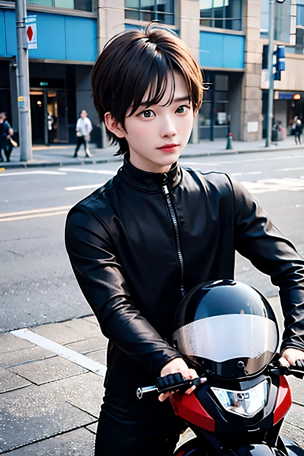 Boy driving sports motorcycle, closed helmet and black clothing