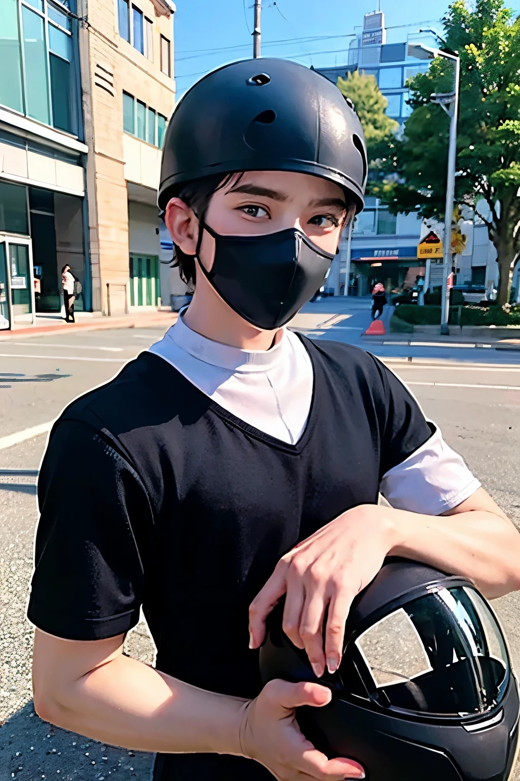 Boy driving sports motorcycle, closed helmet and black clothing