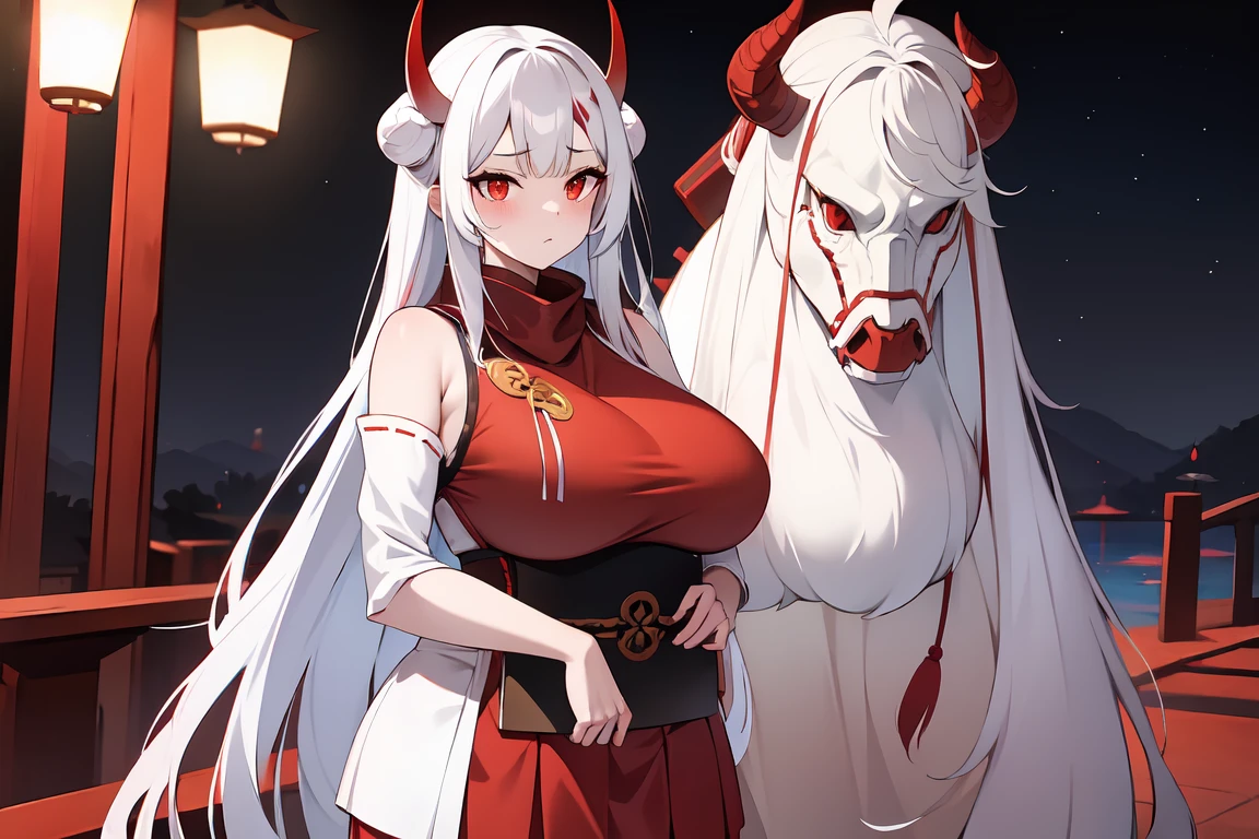 1girl, white hairs, red eyes, white-red  kimono, long hair, red horns, katana, red scarf, massive , mature, Oni, armored skirt, lake, night,