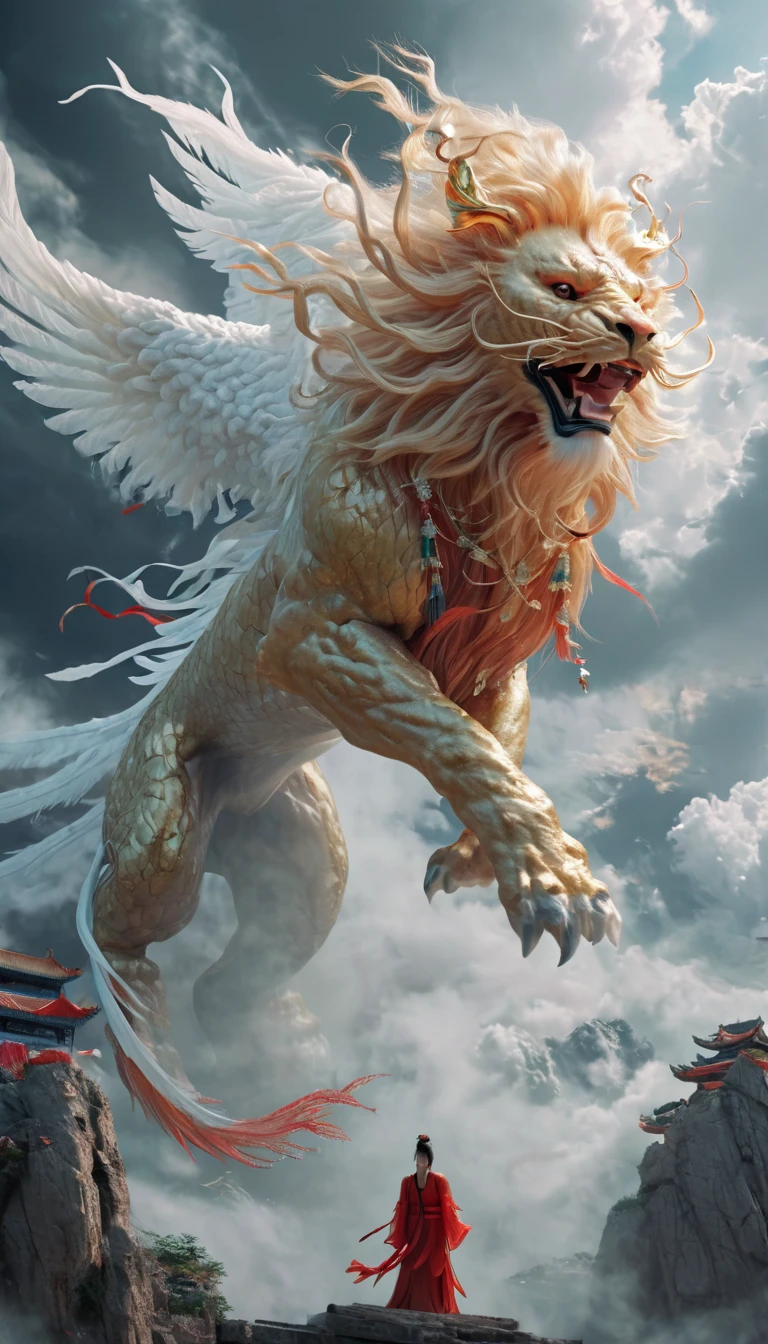 New Chinese art style, a huge monster in the sky, it has a lion's head, a ferocious face, a long tail, and wings, detailed, highly-detailed, ultra-high resolution, 8K resolution, best quality, masterpiece,