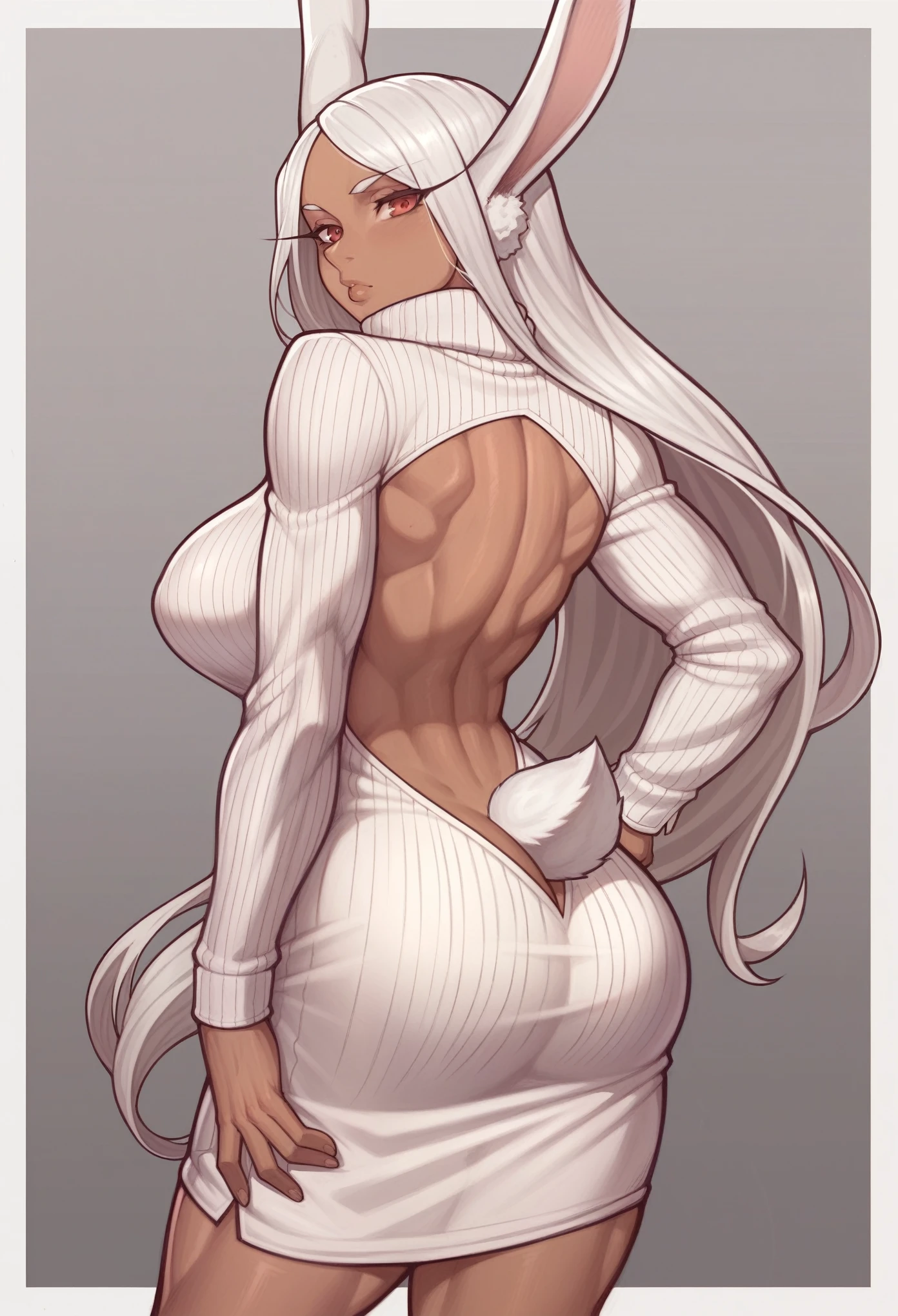 _asura style, 1girl, mirko, animal_ears, solo, dark-skinned_female, dark_skin, rabbit_ears, ass, tail, long_hair, dress, rabbit_tail, breasts, looking_at_viewer, tail_through_clothes, rabbit_girl, looking_back, turtleneck, large_breasts, from_behind, back, backless_outfit, hand_on_hip, clothing_cutout, sweater, long_sleeves, butt_crack, backless_dress, muscular_female
