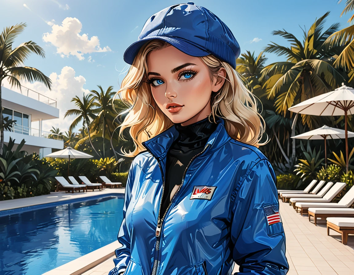 (((girl in Blue zipped up down winter jacket and black turtleneck )) and levis (jeans) and blue gloves and (((blue winter hat)))) walking against the backdrop of a white hotel in the tropics,outside, sun lounger, white hotel, swimming pool,adult, [Nordic],  perfect Olive skin, Oval Face, Rounded shoulders, (Short blonde Waves hair), snub nose, Arched eyebrows, ((Monolid blue Eyes)), High Round Narrow cheekbones, Dimpled Cheeks, Rounded Chin, Rounded Jawline, Full nude Lips, (blue eyes), Nude Makeup Look, long eyelashes,  graphic style of novel comics, perfect hands, 2d, 8k, hyperrealism, masterpiece, high resolution, best quality, ultra-detailed, super realistic, Hyperrealistic art, high-quality, ultra high res, highest detailed, lot of details, Extremely high-resolution details, incredibly lifelike, soft cinematic light,