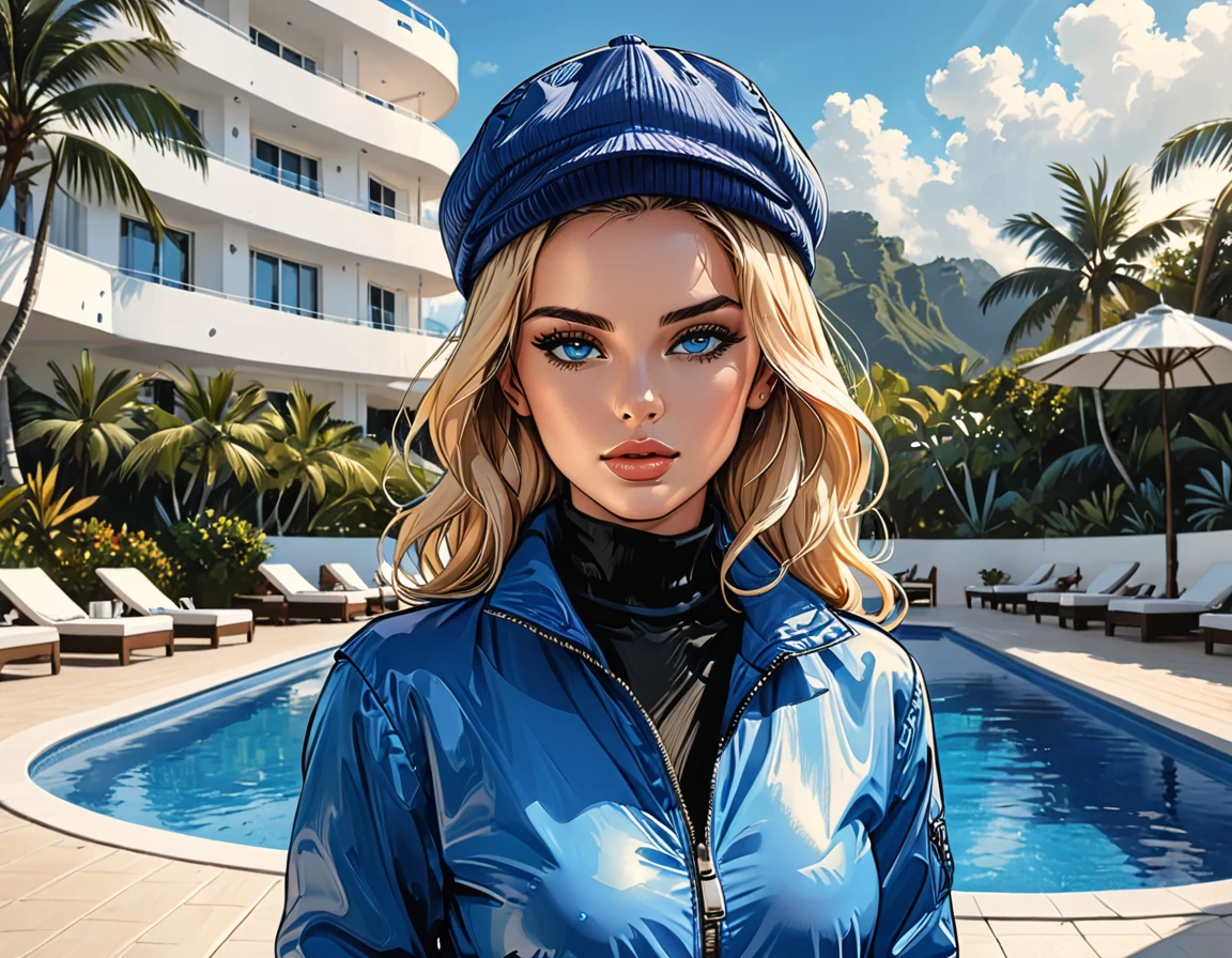 (((girl in Blue zipped up down winter jacket and black turtleneck )) and levis (jeans) and blue gloves and (((blue winter hat)))) walking against the backdrop of a white hotel in the tropics,outside, sun lounger, white hotel, swimming pool,adult, [Nordic],  perfect Olive skin, Oval Face, Rounded shoulders, (Short blonde Waves hair), snub nose, Arched eyebrows, ((Monolid blue Eyes)), High Round Narrow cheekbones, Dimpled Cheeks, Rounded Chin, Rounded Jawline, Full nude Lips, (blue eyes), Nude Makeup Look, long eyelashes,  graphic style of novel comics, perfect hands, 2d, 8k, hyperrealism, masterpiece, high resolution, best quality, ultra-detailed, super realistic, Hyperrealistic art, high-quality, ultra high res, highest detailed, lot of details, Extremely high-resolution details, incredibly lifelike, soft cinematic light,