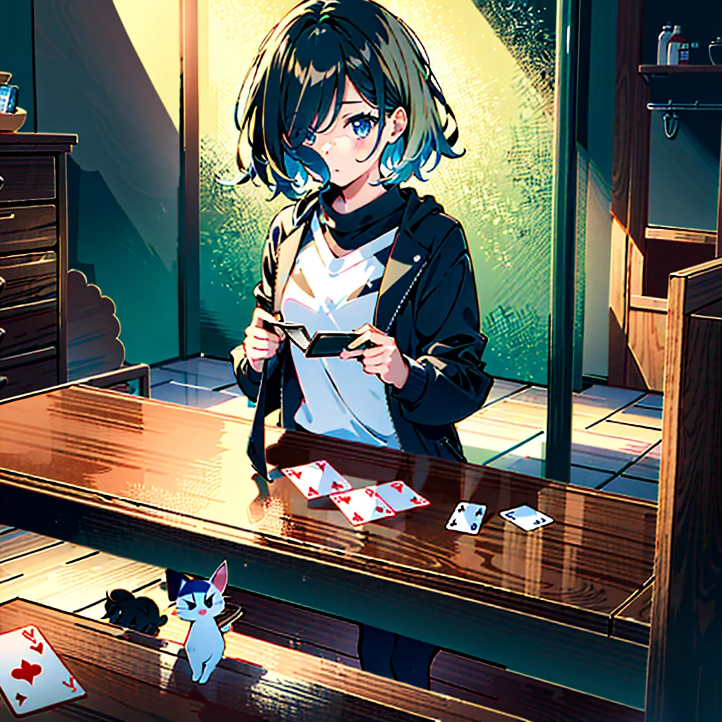 High-definition background, bright and beautiful atmosphere, 3 girls (2 years old, (1 short-tempered round face), (1 child)) (hair, surface effect), color effect), small breasts, blonde hair , VERY CUTE GIRL ROOM, GIRLS ARE LIVING ON THE FLOOR AND PLAYING WITH CARDS, PLAIN CLOTHES, A GIRL HOLDING A JOKER AND DOUBTS, A MINI PIG HOLDING CARDS, MINI PIGS WATCHING THE MATCH,” deltamon_sdxl:0.73) ?Deltamon makes an immediate decision do.