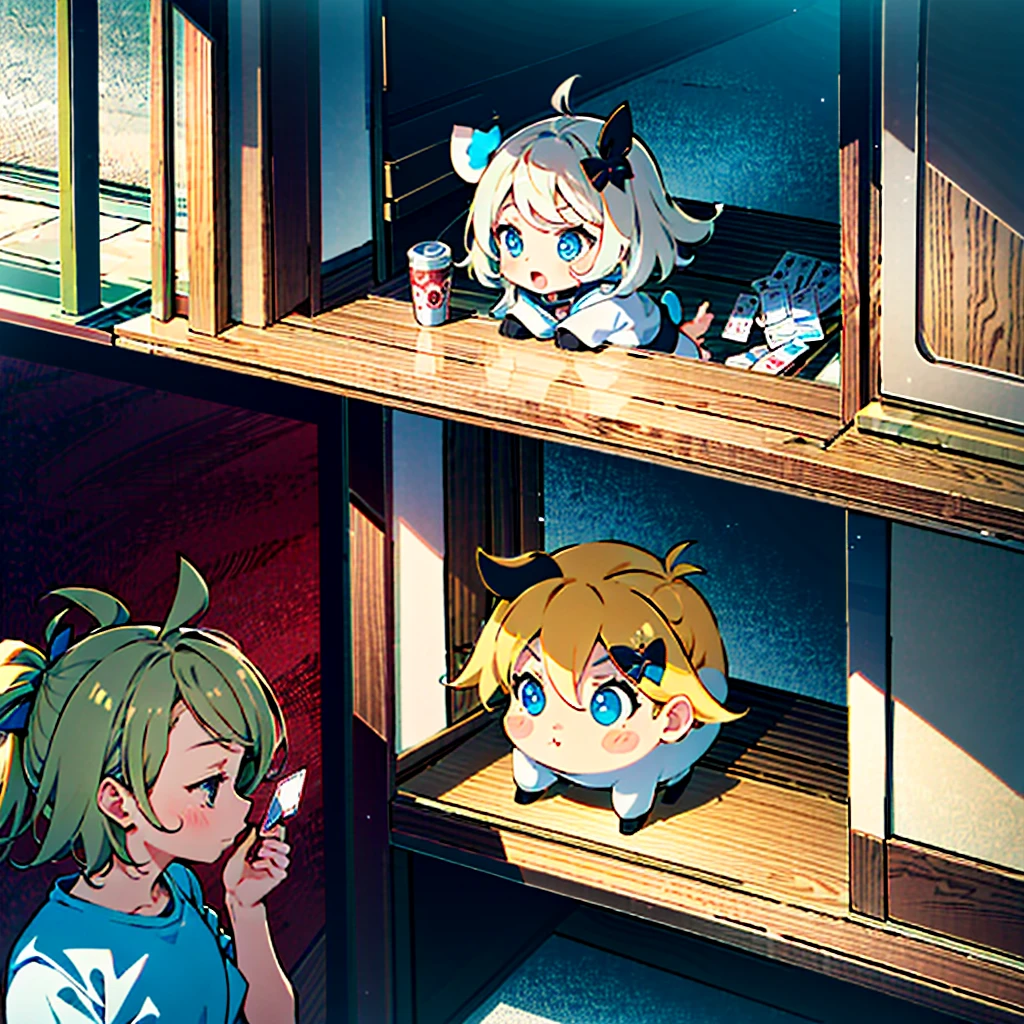 High-definition background, bright and beautiful atmosphere, 3 girls (2 , (1 short-tempered round face), (1 child)) ( surface effect), color effect), small breasts, blonde hair , VERY CUTE GIRL ROOM, GIRLS ARE LIVING ON THE FLOOR AND PLAYING WITH CARDS, PLAIN CLOTHES, A GIRL HOLDING A JOKER AND DOUBTS, A MINI PIG HOLDING CARDS, MINI PIGS WATCHING THE MATCH,” deltamon_sdxl:0.73) ?Deltamon makes an immediate decision do.