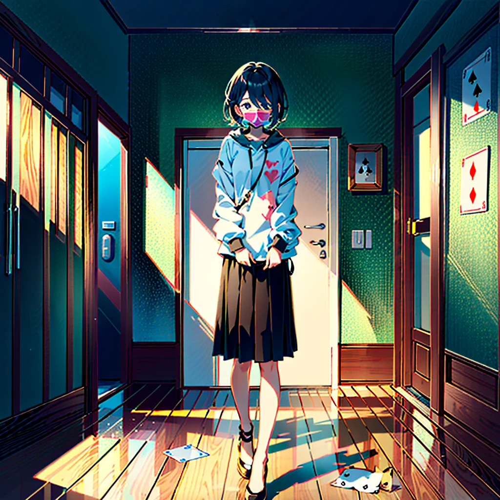 High-definition background, bright and beautiful atmosphere, 3 girls (, (1 short-tempered round face), (1 child)) (hair, surface effect), color effect), small breasts, blonde hair , VERY CUTE GIRL ROOM, GIRLS ARE LIVING ON THE FLOOR AND PLAYING WITH CARDS, PLAIN CLOTHES, A GIRL HOLDING A JOKER AND DOUBTS, A MINI PIG HOLDING CARDS, MINI PIGS WATCHING THE MATCH,” deltamon_sdxl:0.73) ?Deltamon makes an immediate decision do.