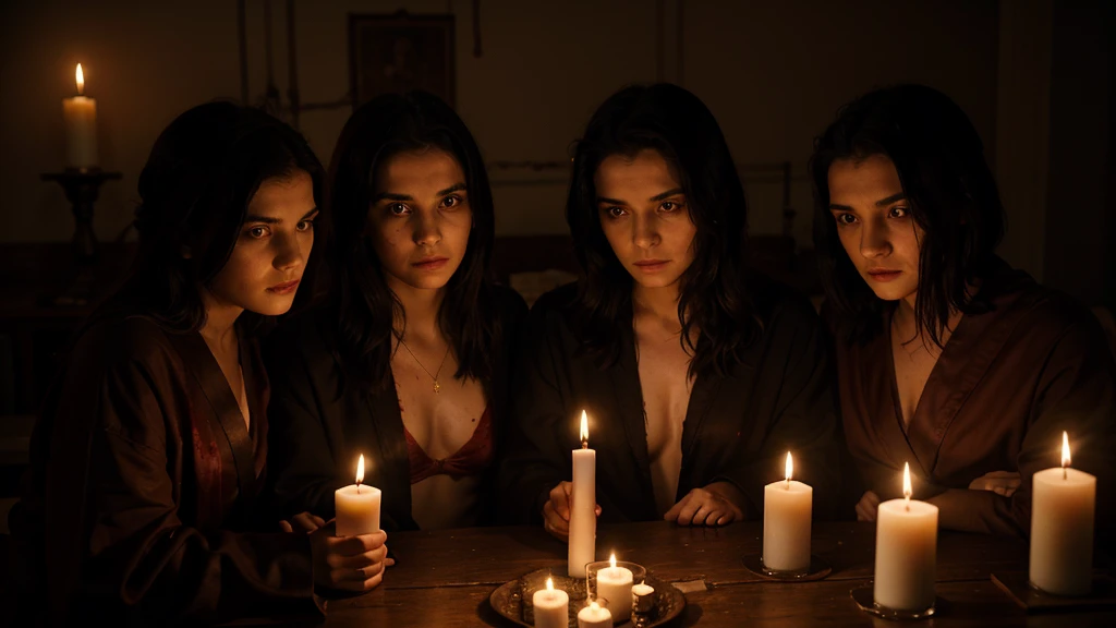 Three 20-year-old friends, with blood and skull candles, people in gloomy robes