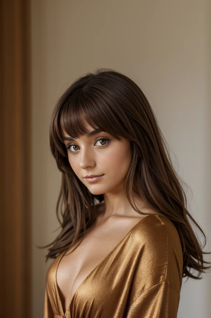 photo d’une femme de 22 ans , brune au yeux marron avec une robe marron