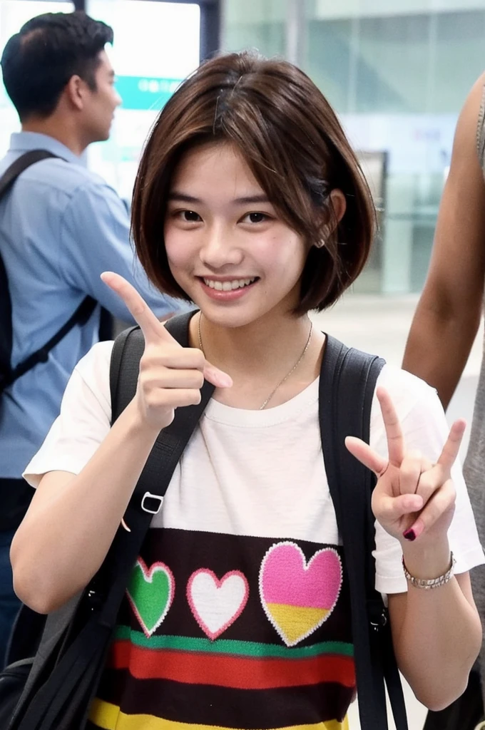 Indonesian man he is 22 years old, dark brown short hair, friendly smile makes a finger. Heart is photographed at the airport by paparazzi. A colorful clothing style looks very energetic 