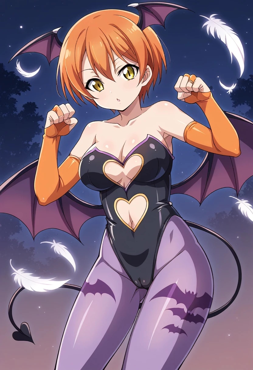 (Masterpiece, Best Quality, High Quality), Hoshizora rin, orange hair, short floating hair, yellow eyes,,bangs,demon_girl,head_wings,wings,animal_print,(pantyho1),bat_print,bat_wings,print_legwear,bridal_gauntlets,leotard,bare_shoulders,cleavage,larts,black_wings,gloves,thong_leotard,bat print,clothing_cutout,purple_wings,heart_cutout,low_wings,black_leotard,bat,highleg_leotard,purple_legwear,highleg,demon_wings,feather_trim,gloves,koakuma,cutout_above_navel,thicc thighs,collarbone, standing, night ,paw pose, Cameltoe