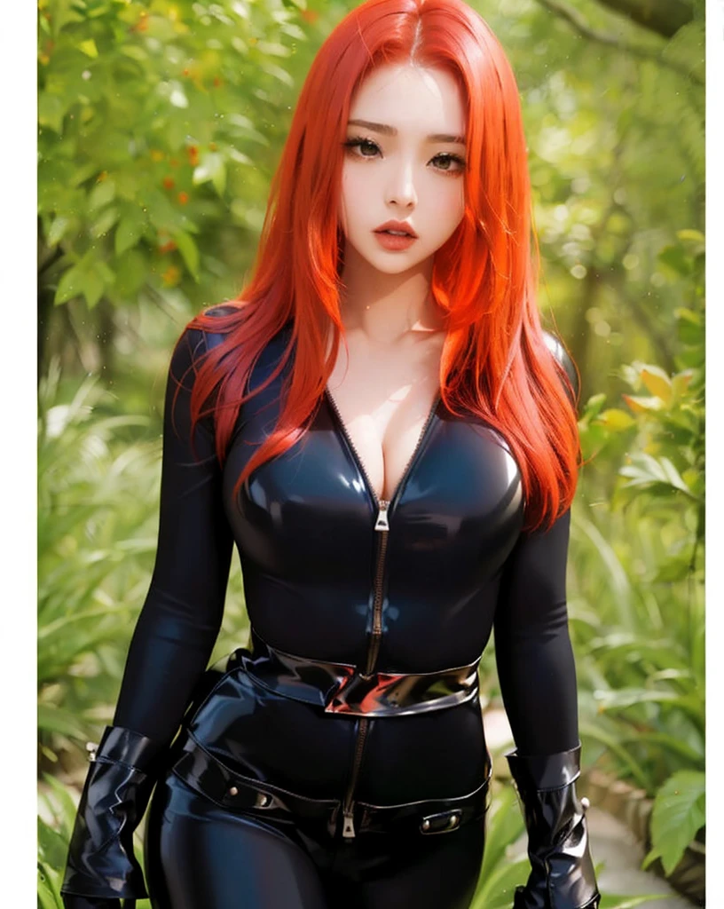 The image portrays a girl with red hair. She is dressed in a sleek skin-tight shiny black latex bodysuit with a deep-cut zipper neckline revealing a large chest, black wrist guard, and a black belt. The woman is standing in an environment characterized by the presence of green plants.