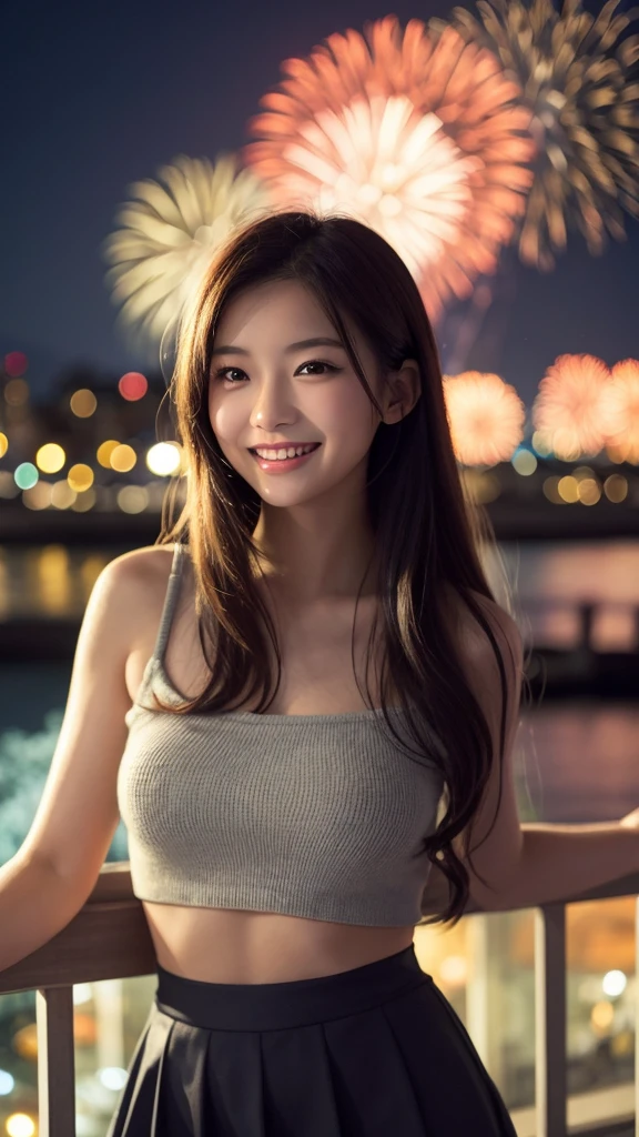 Have long flowing hair、Very Beautiful Japan Woman。She is wearing a skirt、He has striking bluish-black eyes and a bright smile.。The background is the seaside at night、They are happily watching the fireworks。
The image style is realistic.、It adds a touch of glamour.。