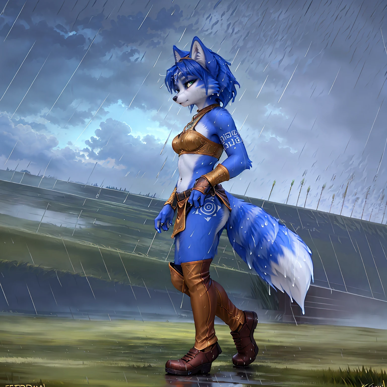 A beautiful and detailed (sweet picture) of ((Krystal)), Star Fox Krystal,  green eyes, medium breasts, (((Long blue hair 1.3))),  anthro, furry, (of Fluff-Kevlar, Bayard Wu, Personalami, Pino Daeni),  detailed fluffy fur, detailed face, (fluffy), 1 girl, alone, hair cover one eye:1.4, (((stands in the rain:1.4))), Heavy rain, storm, (((walks across a field of tall grass :1.3))), (((looks at the sky:1.4))), has a thoughtful facial expression, to see from the side, to see in profile, wears tribal clothing with leather armor, wears tribal top with leather armor