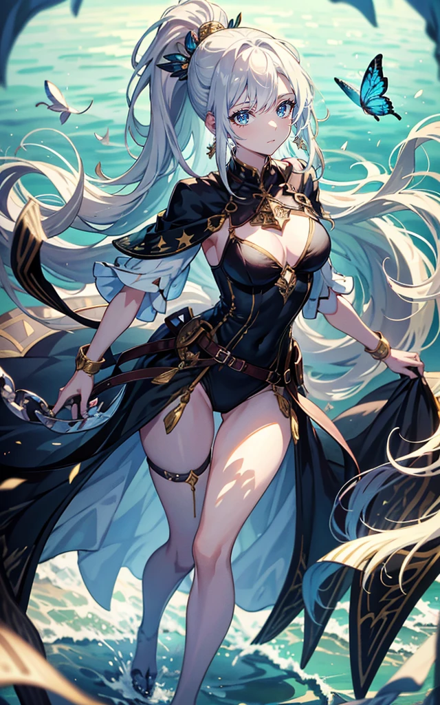 High resolution, masterpiece, accurate, Highest quality, Winner of numerous awards, High-resolution model,
Heavy bangs,Silver Hair,Wet Hair,Super long hair,ponytail,
slender,White skin,Medium chest Ice blue eyes,Sharp, thin eyebrows,smile,
Seaside,Western-style castle,
Butterfly Hair Ornament,Crystal Earrings,
Swimwear,Simple bikini,
Character portrait,Full body anime style, One girl, solo,