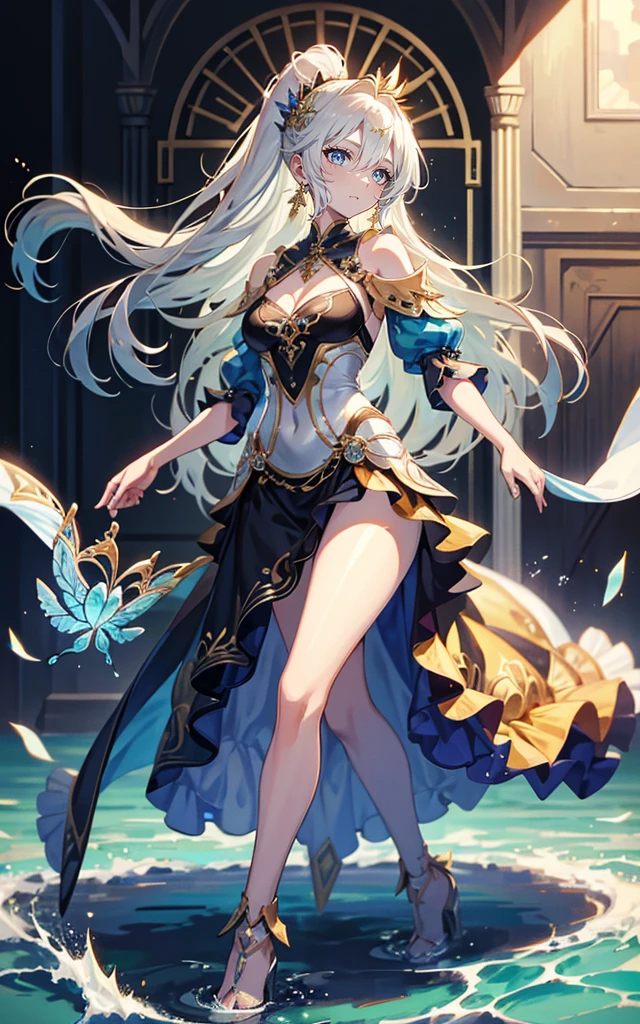 High resolution, masterpiece, accurate, Highest quality, Winner of numerous awards, High-resolution model,
Heavy bangs,Silver Hair,Wet Hair,Super long hair,ponytail,
slender,White skin,Medium chest Ice blue eyes,Sharp, thin eyebrows,smile,
Seaside,Western-style castle,
Butterfly Hair Ornament,Crystal Earrings,
Swimwear,Simple bikini,
Character portrait,Full body anime style, One girl, solo,