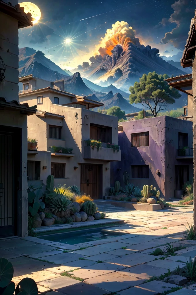 Multiple houses, brutalism style, Luis Barragán, Mountains in background, river, pool, terraces, stairs, garden terraces, trees, beautiful clouds, moon, sun, detailed, cacti, boulders, volcanic rocks, fuggy, Violet, orange, olive green, blue, magenta, amazing volcano in horizont, beautiful garden design