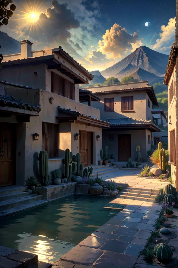 Multiple houses, brutalism style, Luis Barragán, Mountains in background, river, pool, terraces, stairs, garden terraces, trees, beautiful clouds, moon, sun, detailed, cacti, boulders, volcanic rocks, fuggy, Violet, orange, olive green, blue, magenta, amazing volcano in horizont, beautiful garden design