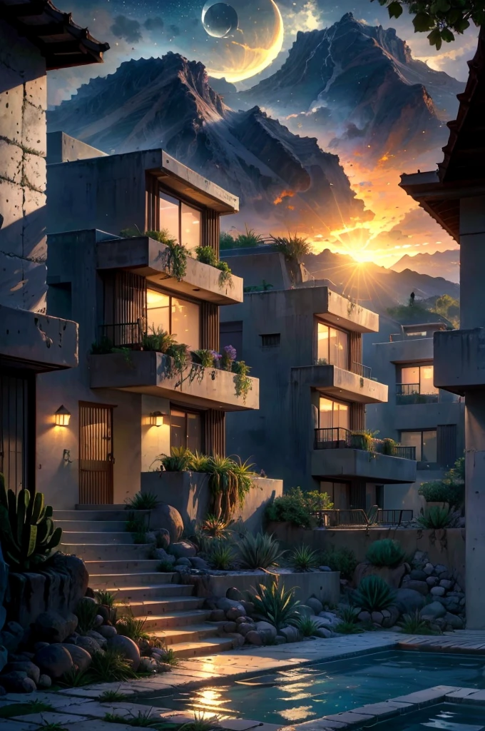 Multiple houses, brutalism style, Luis Barragán, Mountains in background, river, pool, terraces, stairs, garden terraces, trees, beautiful clouds, moon, sun, detailed, cacti, boulders, volcanic rocks, fuggy, Violet, orange, olive green, blue, magenta, amazing volcano in horizont, beautiful garden design