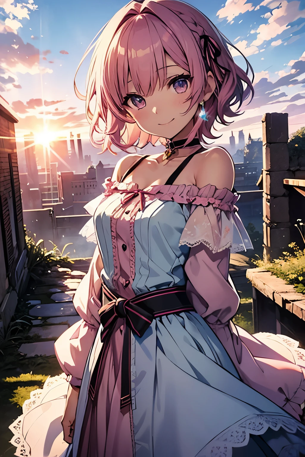 shoko sashinami, valvrave, 1 girl, pink hair, short hair, ブルー eyes, fantasy world, ruins, fort, beautiful sky, shining sky, sunshine, folk, smiling, waving, belt, ribbon choker, choker, dress, lace dress, black camisole and white sweater, off-shoulder sleeves