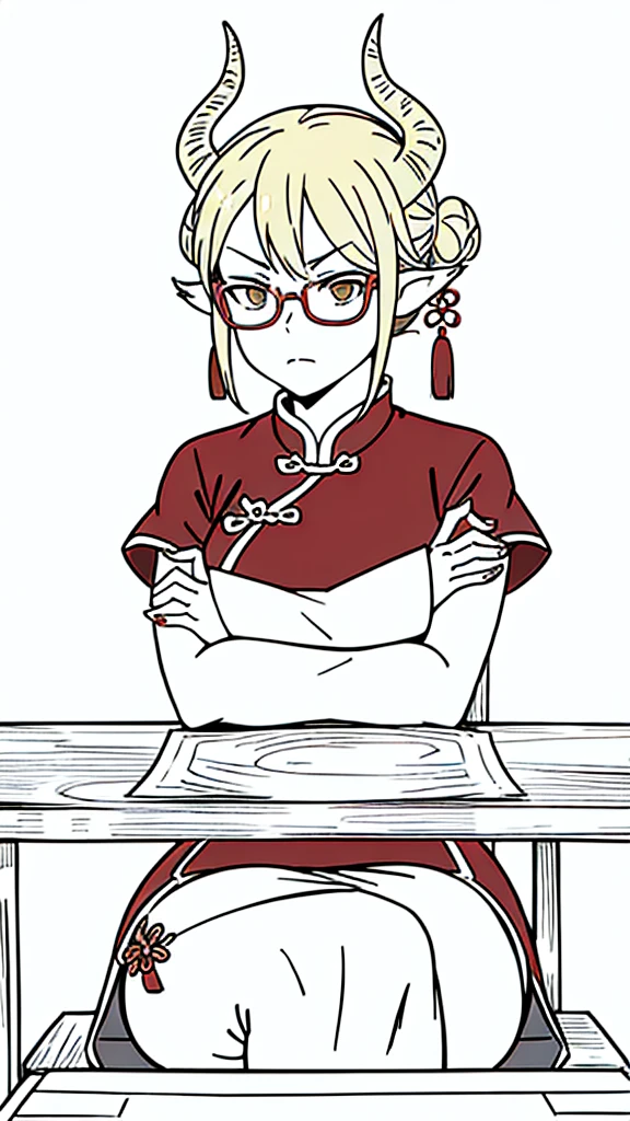 (1woman,40 years old,milf,mature female)solo,(serious),blonde hair, short hair,(cow ears),((sitting,crossed legs)),red dress,double bun,bun cover,china dress,chinese clothes,short sleeves,horns,glasses,(white background,line drawing),upper body,crossed arms,pov across table