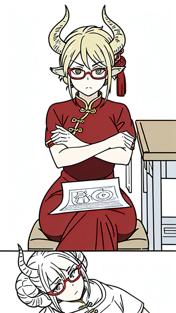(1woman,40 years old,milf,mature female)solo,(serious),blonde hair, short hair,(cow ears),((sitting,crossed legs)),red dress,double bun,bun cover,china dress,chinese clothes,short sleeves,horns,glasses,(white background,line drawing),upper body,crossed arms,pov across table