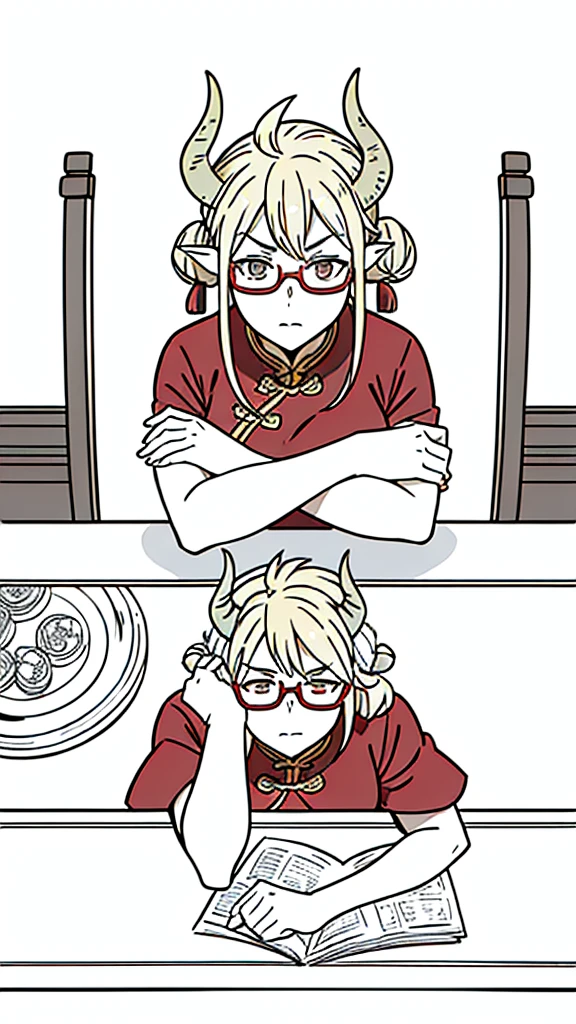(1woman,40 years old,milf,mature female)solo,(serious),blonde hair, short hair,(cow ears),((sitting,crossed legs)),red dress,double bun,bun cover,china dress,chinese clothes,short sleeves,horns,glasses,(white background,line drawing),upper body,crossed arms,pov across table