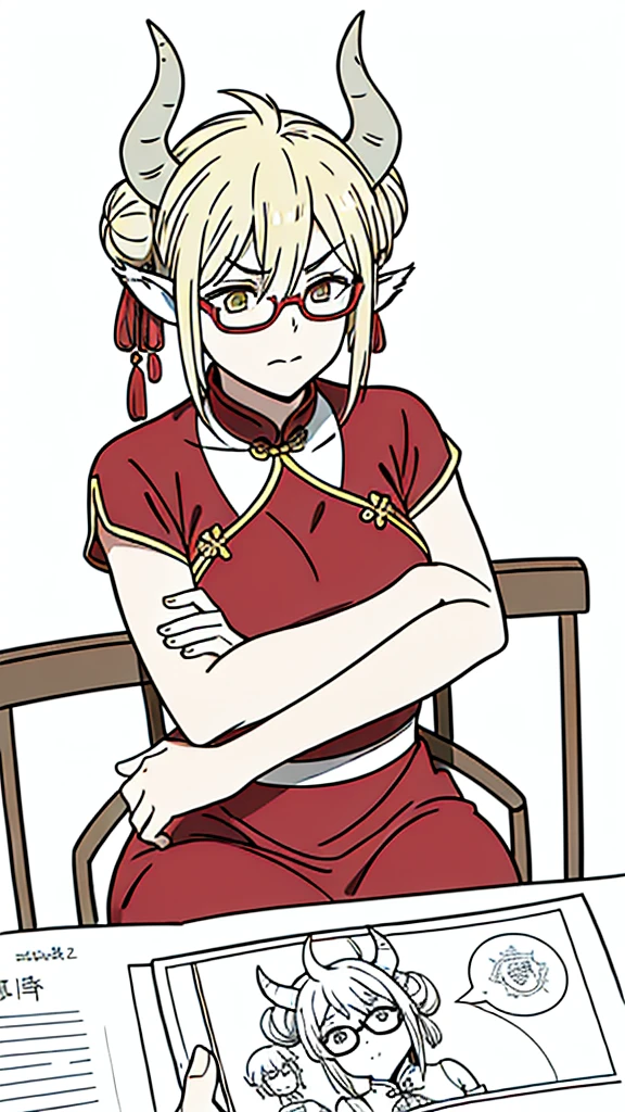 (1woman,40 years old,milf,mature female)solo,(serious),blonde hair, short hair,(cow ears),((sitting,crossed legs)),red dress,double bun,bun cover,china dress,chinese clothes,short sleeves,horns,glasses,(white background,line drawing),upper body,crossed arms,pov across table