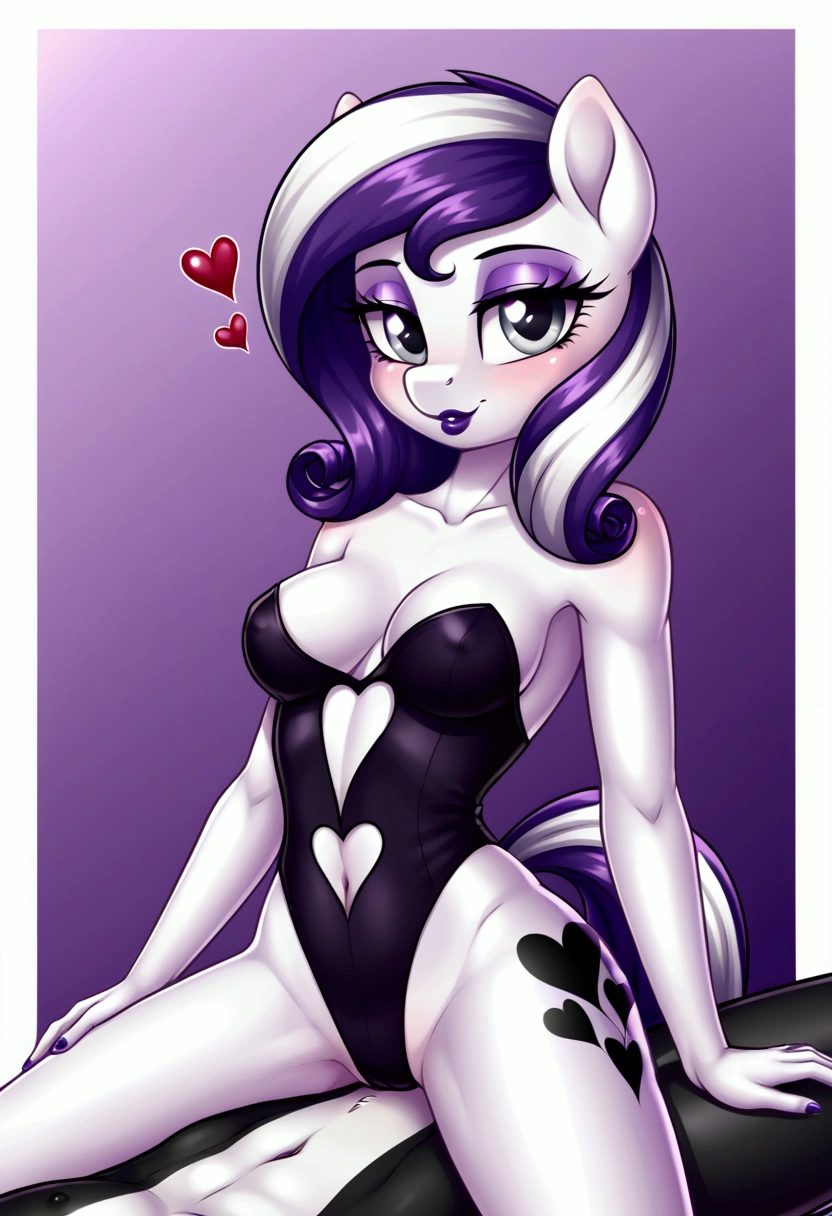 My little pony, (anthro), ((children's costume)), ((two-tone hair with black on top and white underneath)), pale white body, gray eyes, medium breasts, purple lips, perfect lines, heart cutie mark, seductive pose