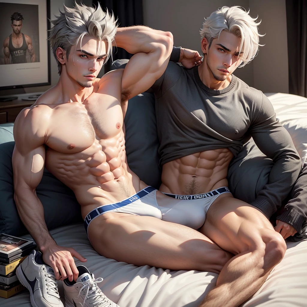 Physical Appearance:

- Age: 21 years old
- Height: 5 feet 9 inches (175 cm)
- Build: slim and athletic, with a chiseled physique
- Hair: Grey mullet, possibly with a spiky or messy texture
- Eyes: Glowing grey irises, possibly with a piercing or intense gaze
- Body Hair: Possibly some chest hair or a light dusting of hair on his arms and legs, given his masculine build

Attire:

- Upper Body: Shirtless, showcasing his muscular torso and arms
- Lower Body: Wearing stylized white briefs with very defined outline
- Footwear: White Air Force sneakers

Setting:

- Location: Sitting in his bedroom,  on a bed
- Background: The room might be decorated with personal items, such as posters, photos, or gaming consoles, giving insight into his interests and personality

Overall Aesthetic:

- The character exudes a sense of confidence and masculinity, with his muscular build and striking features
- The glowing grey irises add an otherworldly or intense aspect to his appearance
- The stylized briefs and Air Force sneakers suggest a fashion-conscious and modern style