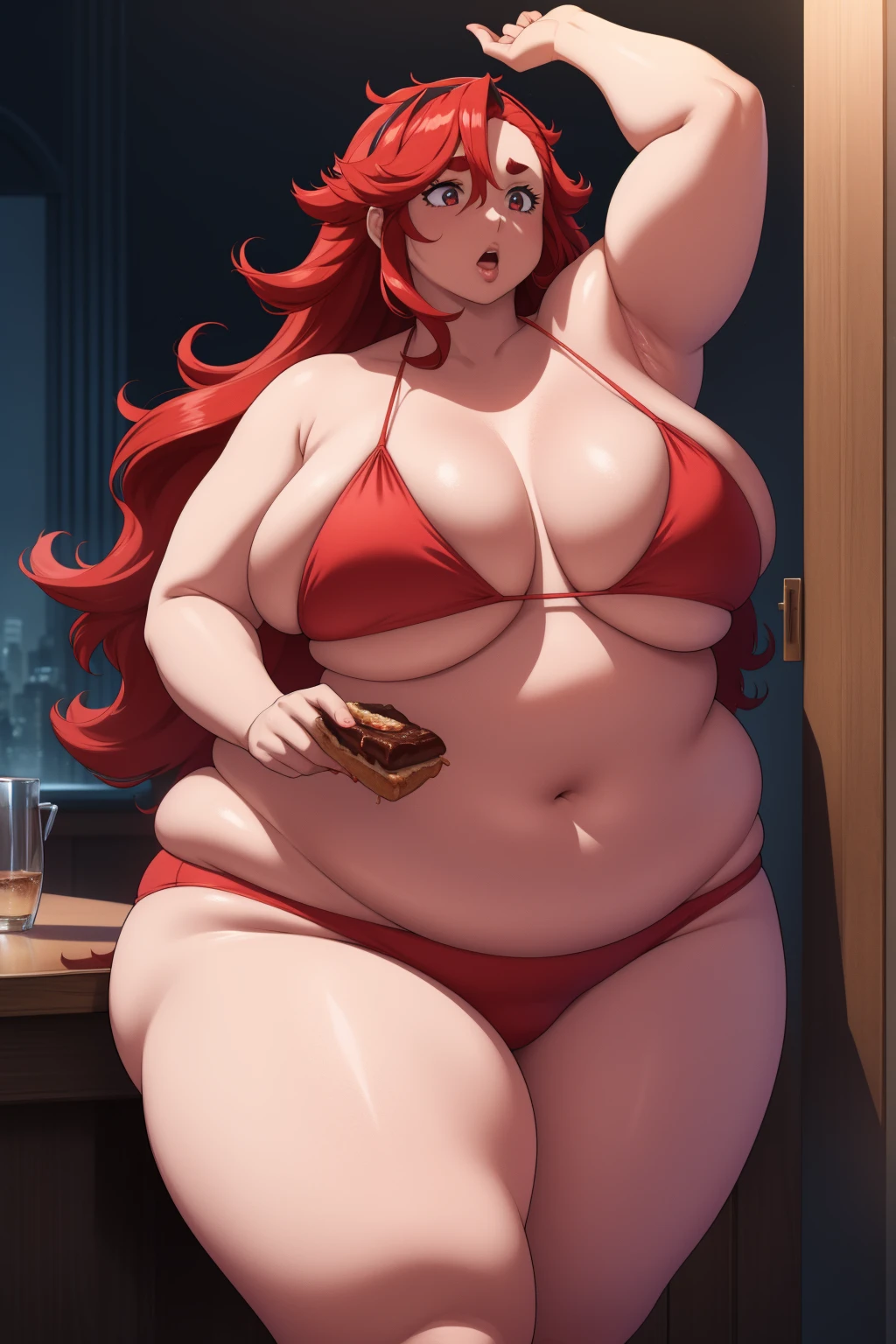 A large curvy woman with long red hair, wearing a red bikini, continuously eating and growing larger until she bursts, ultra-detailed, high quality, photorealistic, 8k, hyper realistic, masterpiece, dynamic lighting, vivid colors, intricate details, dramatic composition, cinematic mood