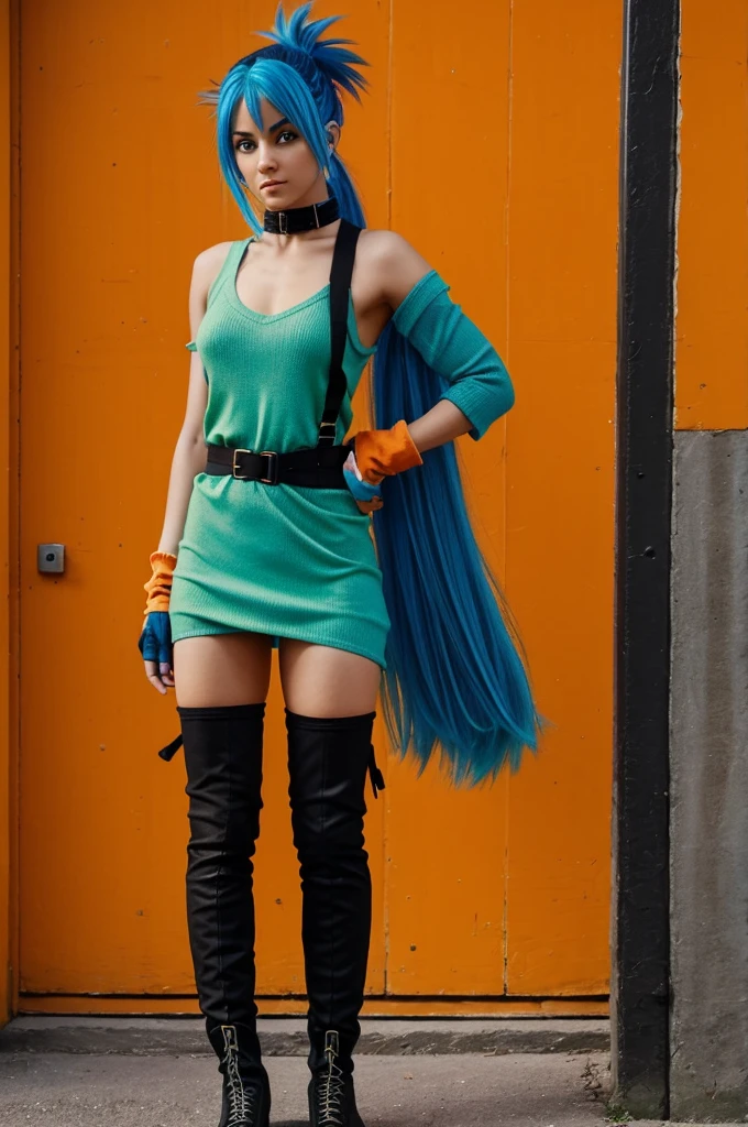 a girl with electric blue hair that reaches her neck with hazel eyes, she has a somewhat muscular and defined body, she is tall , athletic with strong legs and agile arms , He has a monkey tail wrapped around his waist ,He has an outfit that combines orange and green colors and wears black fingerless gloves and knee-high boots.