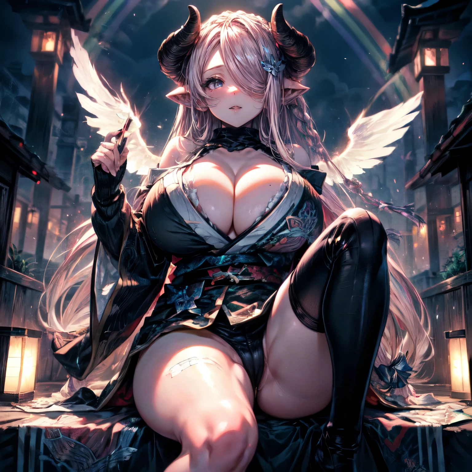 Feet, Fullbody,full-body shot masterpiece, detailed anime poster, (((four wings))), 1girl,solo elf pointy ears,huge breasts, ghost costume , (hitodama) ,night, tombstone, graveyard,,, white and gold dress, long sleeves, very long sleeves, , ghost, pale skin,, off shoulder, cleavage, no bra, (((extremely long white hair))), bare legs, shredded tattered clothes, curvy wide hips, massive breasts, chubby thighs, (((beautiful rainbow colors anime eyes))), japanese temple, rainbow hair