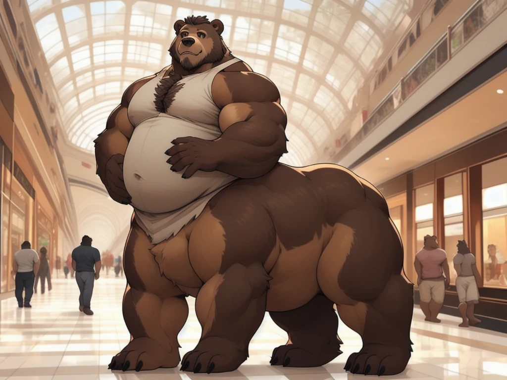 furry, fur taur, beartaur, middle-age, solo, detailed face, bear ears, bear eyes(brown), bear nose(black), bear mouth, garibaldi beard(white), mature hair(white), detailed arms, thick arms, muscular, thick hands(5 fingers), detailed body belly, thick body, muscle belly(brown), thick chest, chest hair(black), detailed taur body, thick taur body, thick bear paws, thick bear tail, full body shot, summer, standing in the mall