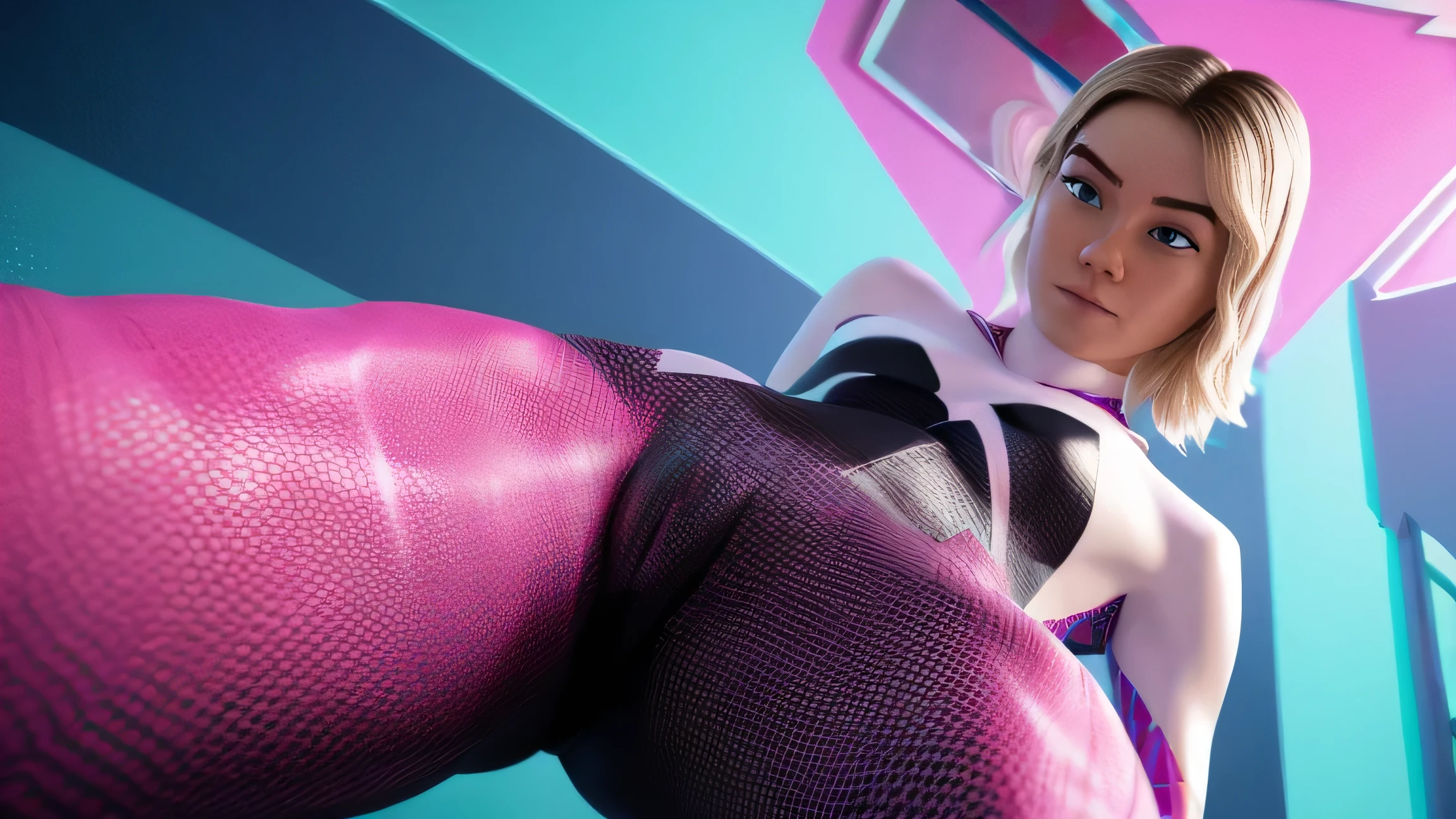 A realistic, hyperrealistic Spidergwen with athletic muscle, textured saturated white black and pink trage, (best quality,4k,8k,highres,masterpiece:1.2),ultra-detailed,(realistic,photorealistic,photo-realistic:1.37),professional,vivid colors,bokeh, full body, tight leotard wedge in vagina, vulva, clitoral hood, vagina, cameltoe