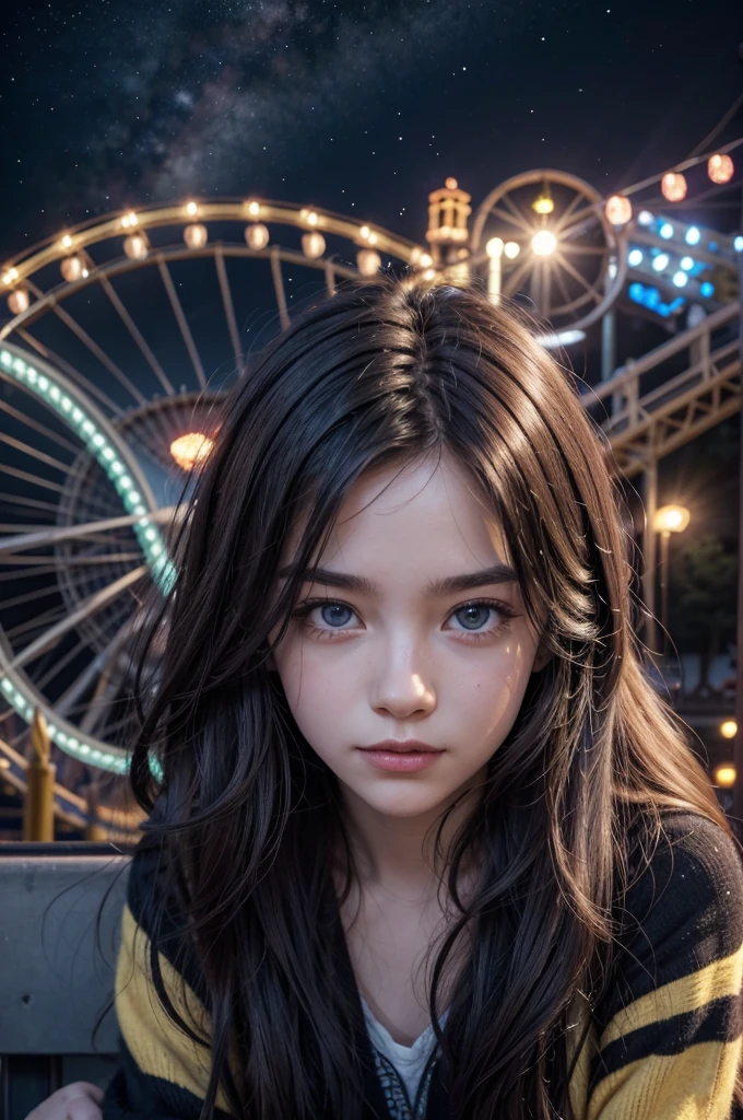 a magical amusement park, people on a roller coaster seeing the view from above, a big and immense universe all around, 1girl,1boy, extremely detailed face and eyes, beautiful hair, happy expression, colorful lights, dynamic movement, dramatic lighting, vibrant colors, cinematic composition, highly detailed, 8k, photorealistic, intricate details, fantasy, surreal, dreamlike, mystical, otherworldly