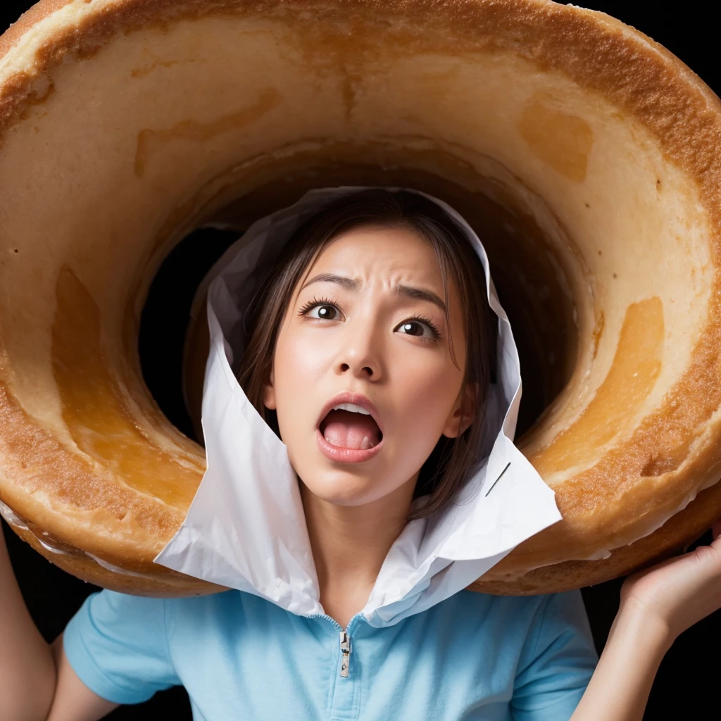 A person with their head stuck in a giant donut, looking confused, in a comical and exaggerated manner.