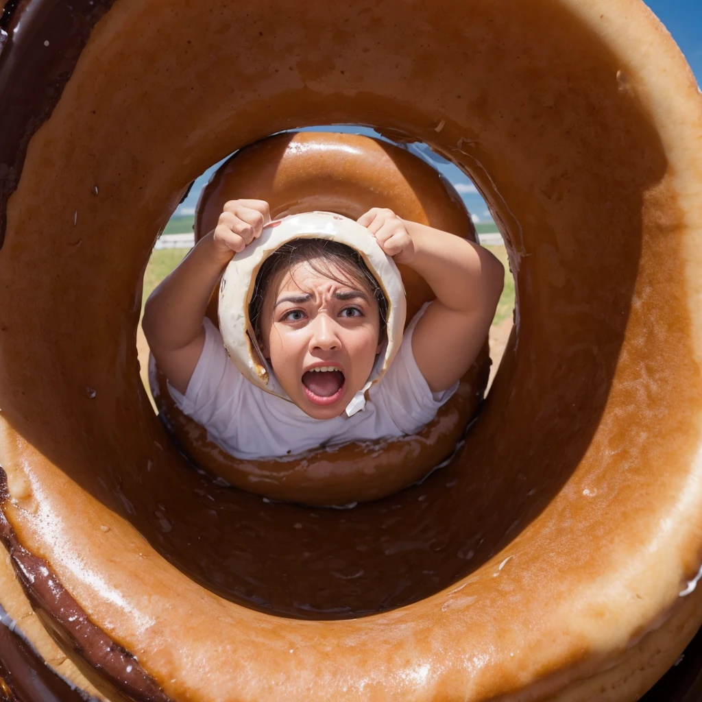 A person with their head stuck in a giant donut, looking confused, in a comical and exaggerated manner.