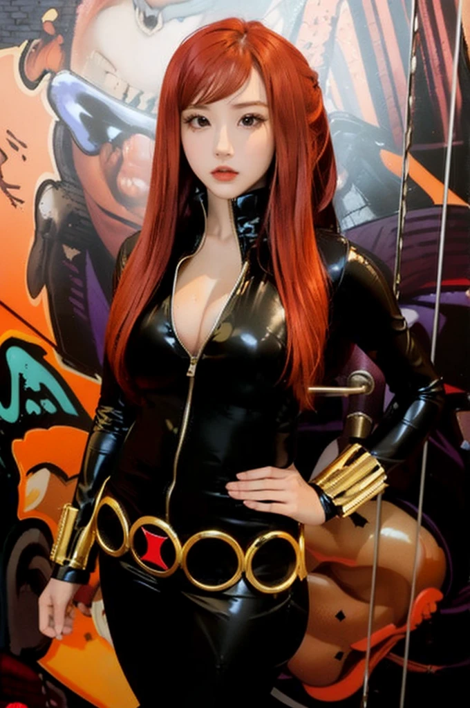 The image features a girl with long red hair. She is standing in front of a wall adorned with artwork. She wears a sleek skin-tight shiny black latex bodysuit with a deep-cut zipper neckline revealing a large chest, the silver zipper running down the front. and boasts a noticeable feature—a black belt with gold circles. and wrist guard made of golden sticks. The combination of her empowered pose, vibrant hair color, and the intriguing backdrop of art, creates a visually compelling scene.
