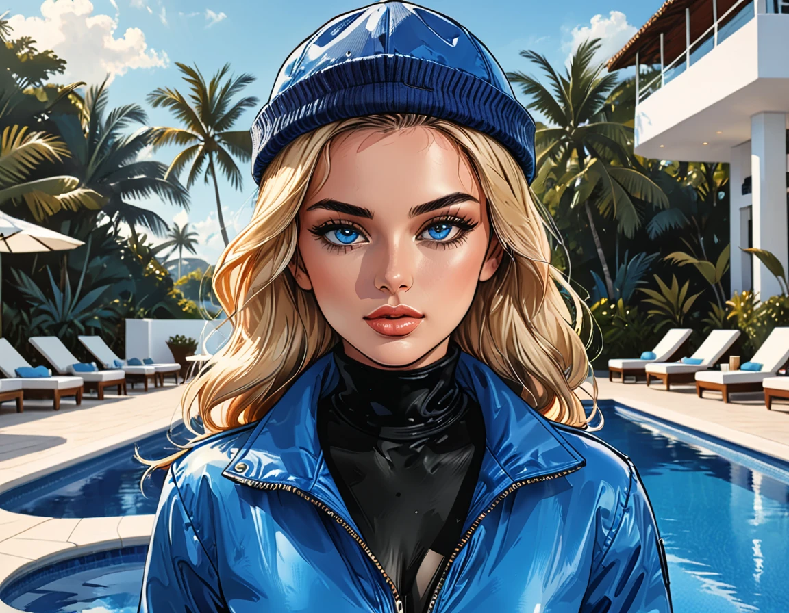 (((girl in Blue zipped up down winter jacket and black turtleneck )) and levis (jeans) and blue gloves and (((blue winter hat)))) walking against the backdrop of a white hotel in the tropics,outside, sun lounger, white hotel, swimming pool,adult, [Nordic],  perfect Olive skin, Oval Face, Rounded shoulders, (Short blonde Waves hair), snub nose, Arched eyebrows, ((Monolid blue Eyes)), High Round Narrow cheekbones, Dimpled Cheeks, Rounded Chin, Rounded Jawline, Full nude Lips, (blue eyes), Nude Makeup Look, long eyelashes,  graphic style of novel comics, perfect hands, 2d, 8k, hyperrealism, masterpiece, high resolution, best quality, ultra-detailed, super realistic, Hyperrealistic art, high-quality, ultra high res, highest detailed, lot of details, Extremely high-resolution details, incredibly lifelike, soft cinematic light,