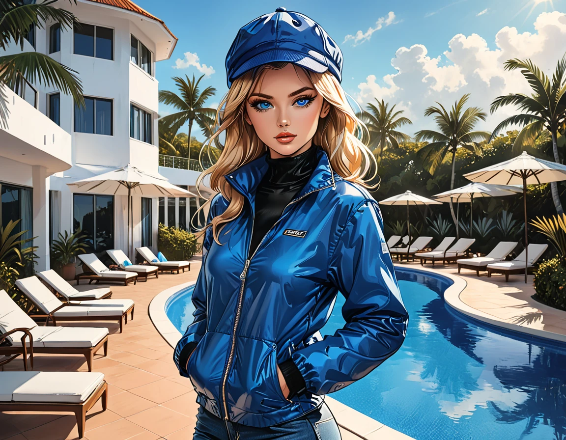 (((girl in Blue zipped up down winter jacket and black turtleneck )) and levis (jeans) and blue gloves and (((blue winter hat)))) walking against the backdrop of a white hotel in the tropics,outside, sun lounger, white hotel, swimming pool,adult, [Nordic],  perfect Olive skin, Oval Face, Rounded shoulders, (Short blonde Waves hair), snub nose, Arched eyebrows, ((Monolid blue Eyes)), High Round Narrow cheekbones, Dimpled Cheeks, Rounded Chin, Rounded Jawline, Full nude Lips, (blue eyes), Nude Makeup Look, long eyelashes,  graphic style of novel comics, perfect hands, 2d, 8k, hyperrealism, masterpiece, high resolution, best quality, ultra-detailed, super realistic, Hyperrealistic art, high-quality, ultra high res, highest detailed, lot of details, Extremely high-resolution details, incredibly lifelike, soft cinematic light,