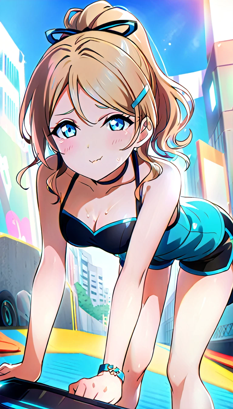 18 year old mature woman, Eri Catalyst, whole body, wearing shorts and matching clothes to go out on the town in the summer, Hands on both knees, leaning forward and looking at the viewer, lightly flushed cheeks, Medium chest, visible cleavage, id_different_catalyst, city background, 8k