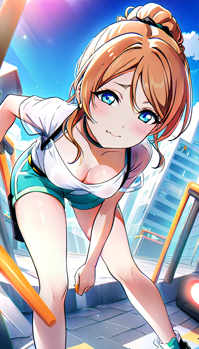18 year old mature woman, Eri Catalyst, whole body, wearing shorts and matching clothes to go out on the town in the summer, Hands on both knees, leaning forward and looking at the viewer, lightly flushed cheeks, Medium chest, visible cleavage, id_different_catalyst, city background, 8k