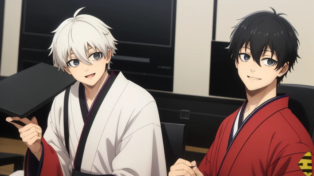 (masterpiece), best quality, expressive eyes, perfect face, cute anime boy, shota, cute, anime cutscene, siblings, domestic, kimono, smiling