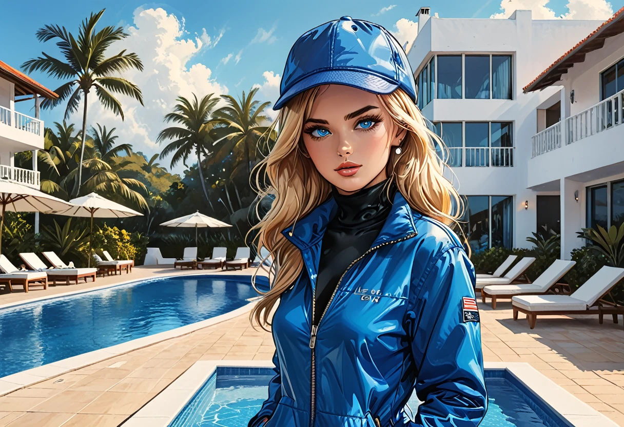 (((girl in Blue zipped up down winter jacket and black turtleneck )) and levis (jeans) and blue gloves and (((blue winter hat)))) walking against the backdrop of a white hotel in the tropics,outside, sun lounger, white hotel, swimming pool,adult, [Nordic],  perfect Olive skin, Oval Face, Rounded shoulders, (Short blonde Waves hair), snub nose, Arched eyebrows, ((Monolid blue Eyes)), High Round Narrow cheekbones, Dimpled Cheeks, Rounded Chin, Rounded Jawline, Full nude Lips, (blue eyes), Nude Makeup Look, long eyelashes,  graphic style of novel comics, perfect hands, 2d, 8k, hyperrealism, masterpiece, high resolution, best quality, ultra-detailed, super realistic, Hyperrealistic art, high-quality, ultra high res, highest detailed, lot of details, Extremely high-resolution details, incredibly lifelike, soft cinematic light,