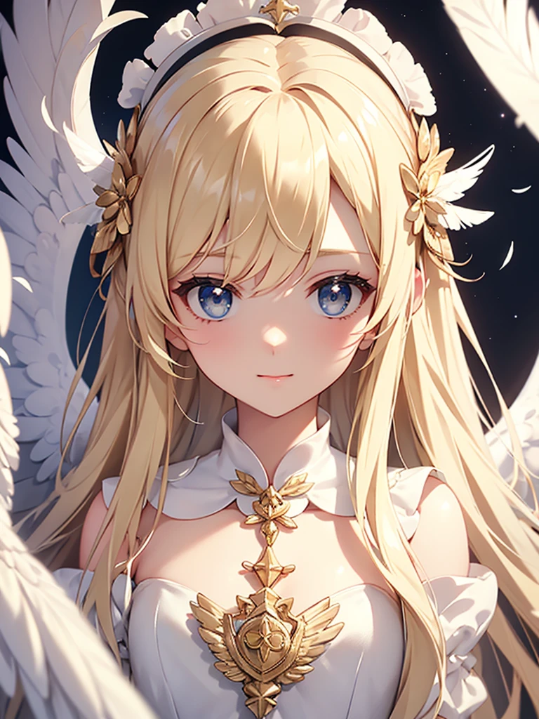 masterpiece, Angel Girl, Blonde with wings, White dress with feathers, Close-up portrait, Delicate face, Lots of feathers, silver