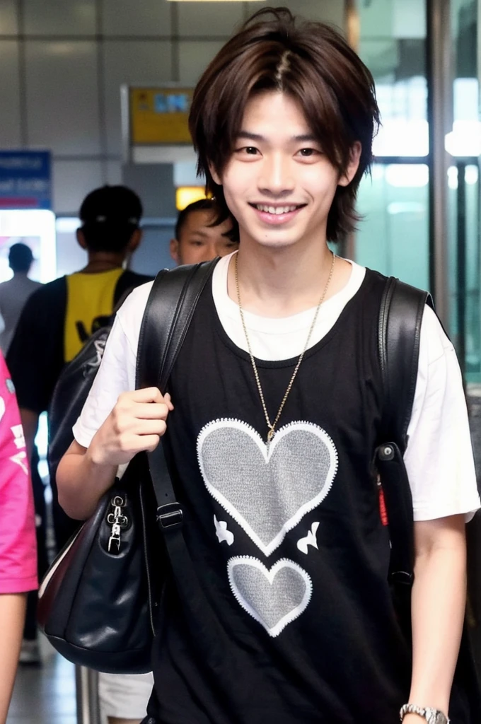 Indonesian man he is 22 years old, dark brown short hair, friendly smile makes a heart is photographed at the airport by paparazzi. A hiphop neon clothing style  looks very energetic 