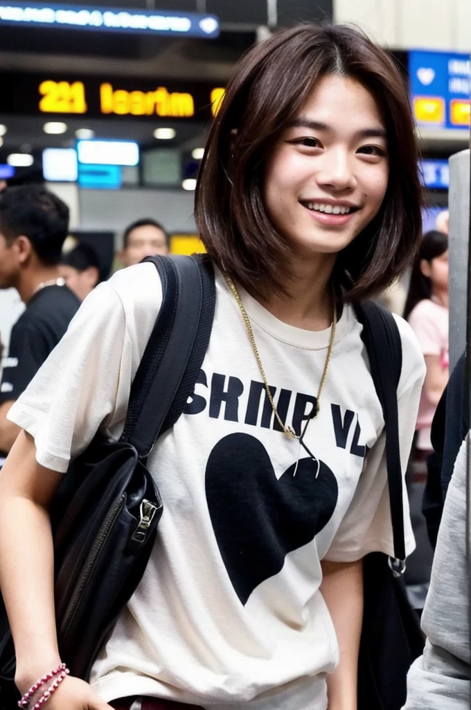 Indonesian man he is 22 years old, dark brown short hair, friendly smile makes a heart is photographed at the airport by paparazzi. A hiphop neon clothing style  looks very energetic 