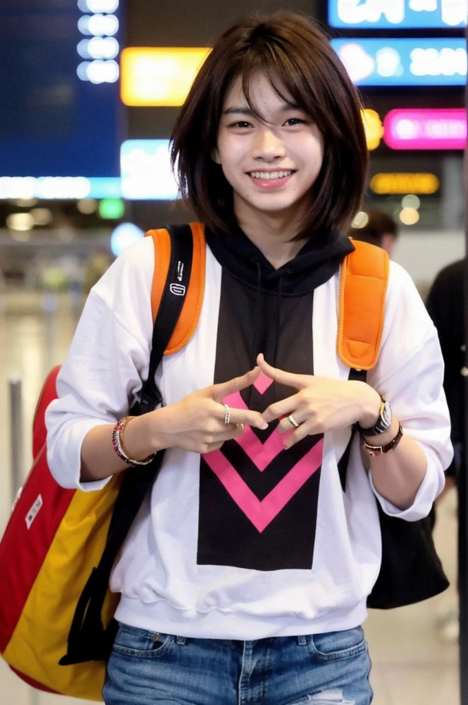 Indonesian man he is 22 years old, dark brown short hair, friendly smile makes a heart is photographed at the airport by paparazzi. A hiphop neon clothing style  looks very energetic 